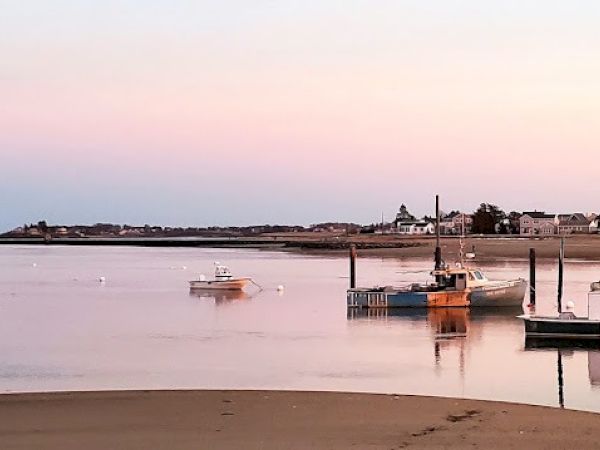 A serene coastal scene with boats moored in calm water, reflecting a pastel-colored sky, with houses in the distant background.