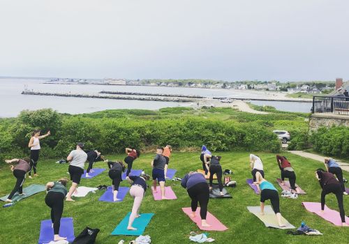 A group of people is practicing yoga on colorful mats, outdoors near the sea, on a grassy area with a scenic ocean view.