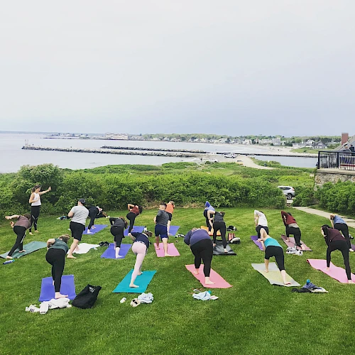 A group of people is practicing yoga on colorful mats, outdoors near the sea, on a grassy area with a scenic ocean view.