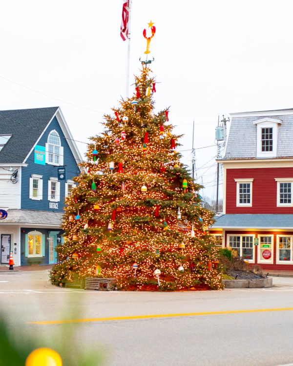 A festive town square with a large decorated Christmas tree surrounded by colorful buildings and a lamp post adorned with garland.
